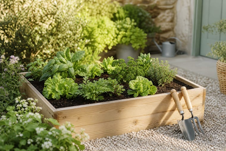 Carré potager en bois dans un jardin naturel