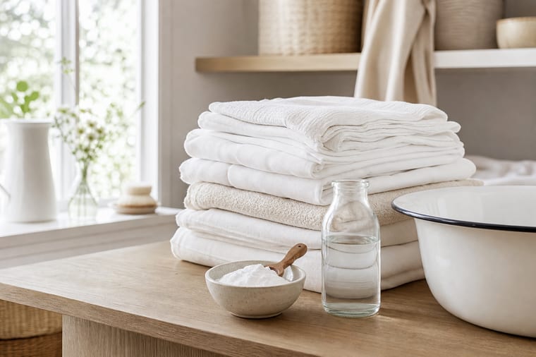 Linge blanc, bicarbonate et vinaigre blanc dans une buanderie lumineuse