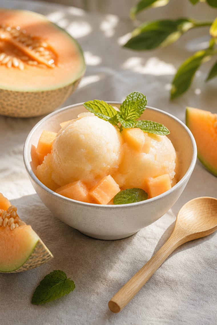 Bol de sorbet au melon maison avec morceaux de melon et menthe fraîche