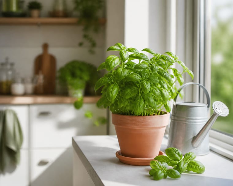 Basilic en pot près d’une fenêtre lumineuse