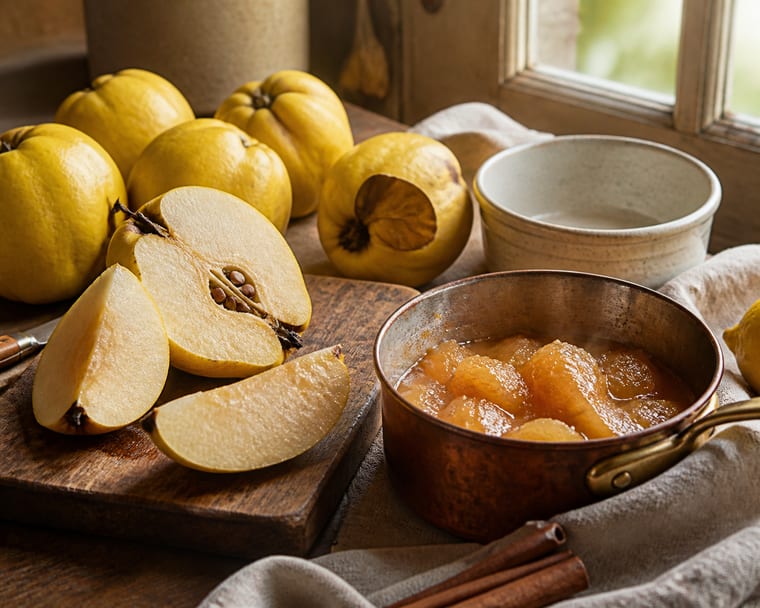 Coings coupés et compotée de coings dans une casserole en cuivre