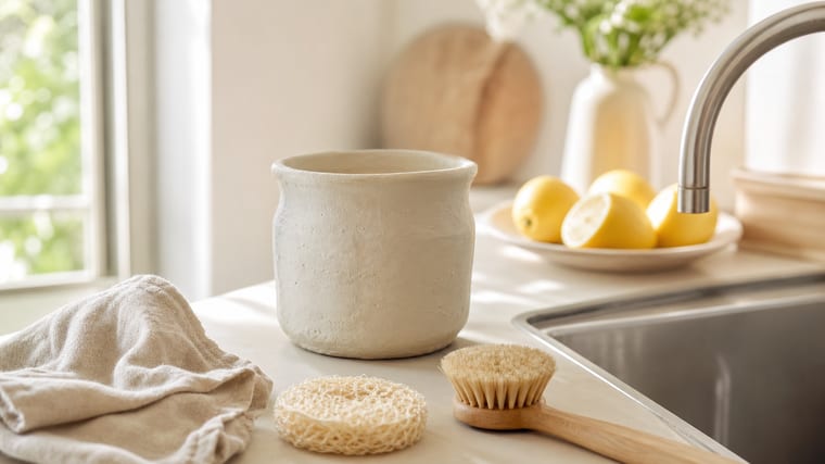 Pierre d'argile blanche avec éponge naturelle dans une cuisine claire
