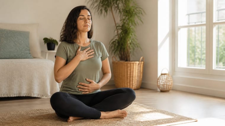 Personne pratiquant une respiration abdominale calme dans une pièce lumineuse