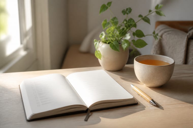 Carnet ouvert, tisane et plante verte pour réfléchir à ses valeurs personnelles